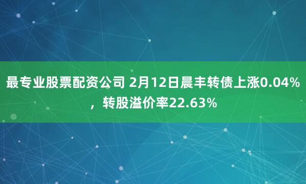 最专业股票配资公司 2月12日晨丰转债上涨0.04%，转股溢价率22.63%